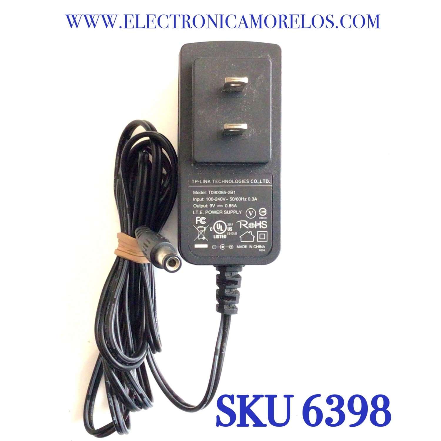 CARGADOR / ADAPTADOR DE FUENTE DE ALIMENTACION TP-LINK / VCA-VCD / NUMERO DE PARTE T090085-2B1 / ENTRADA VCA 100-240V~ 50/60HZ 0.3A / SALIDA VCD 9V 0.85A / MODELO T090085-2B1
